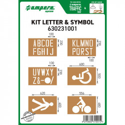 Stencils of letters and traffic symbols